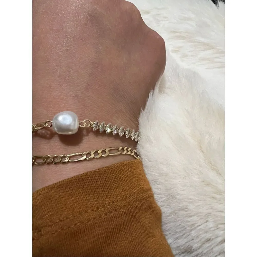 18k Gold filled “ Found her” Pearl bracelet with Marquise CZ paper clip chain